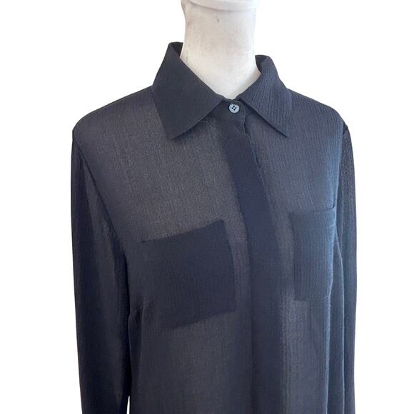 W by Worth NEW Navy Blue Long Tunic Sheer Button Down Blouse Womens Size 4 NWT - Picture 2 of 8